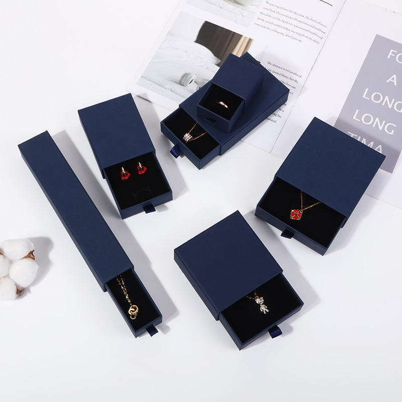 Custom Logo Navy Blue Drawer Box for Packiging Jewelry Necklace Bracelet Earrings Gift Set Boxes