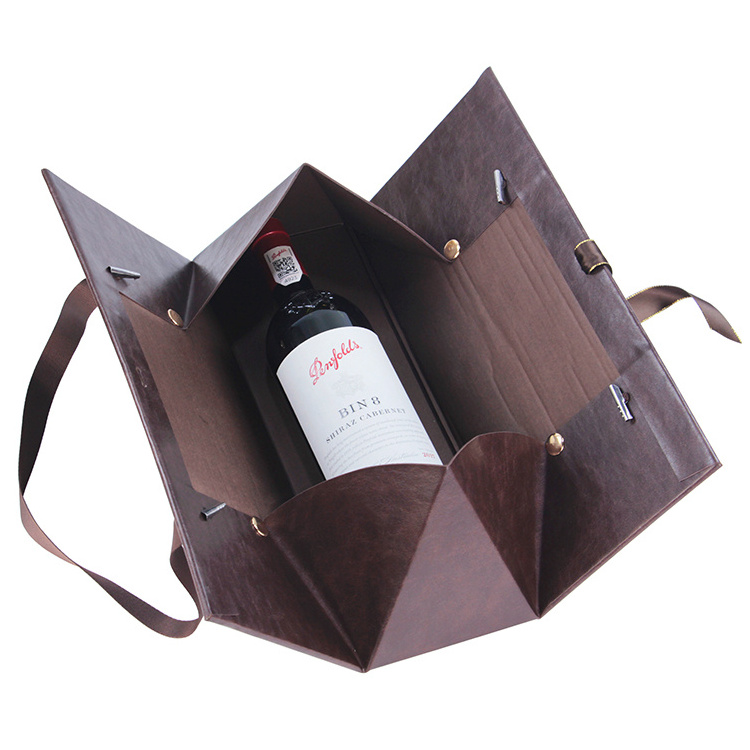 Custom Luxury PU Leather Wine Packaging Folding Gift Box with Ribbon Handle