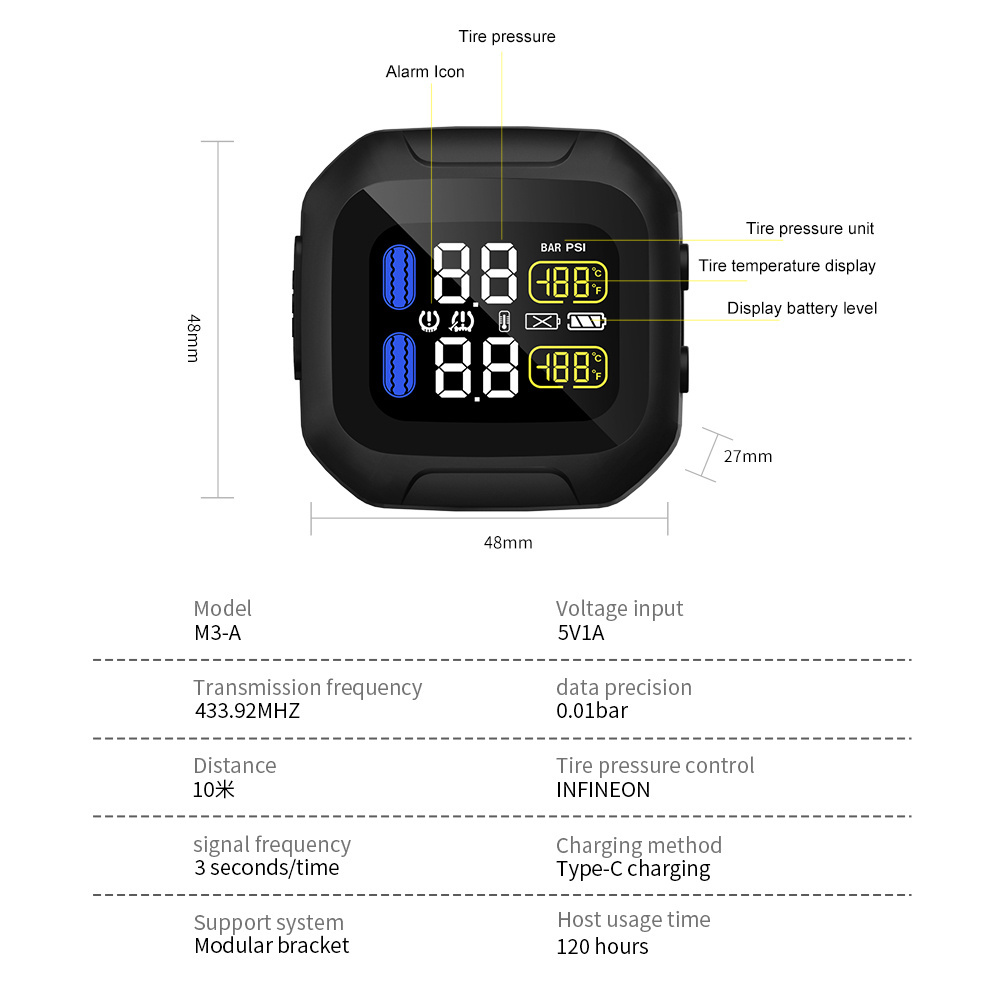 High-Precision Wireless TPMS Monitor Motorcycles LCD Digital Display Tire Pressure Monitor Alarm 5V Detector External 433.92MHz