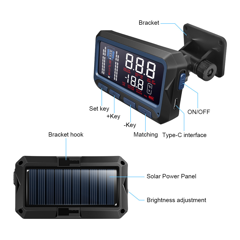 200PSI Truck TPMS Solar Tire Pressure Monitoring System Wireless Supports Up to 36 Tire