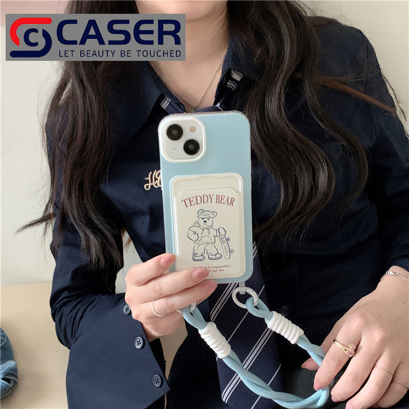 INS Style Cartoon Teddy Bear Card Holder Phone Covers With Bracelet Blue White Contrasting Phone Cases For Iphone 13 14promax 15