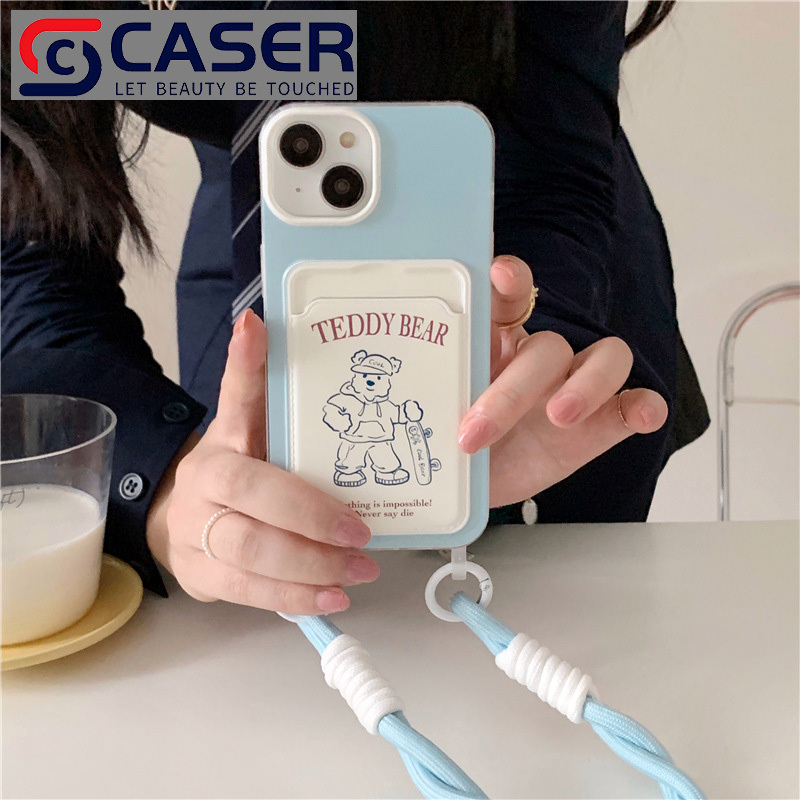 INS Style Cartoon Teddy Bear Card Holder Phone Covers With Bracelet Blue White Contrasting Phone Cases For Iphone 13 14promax 15