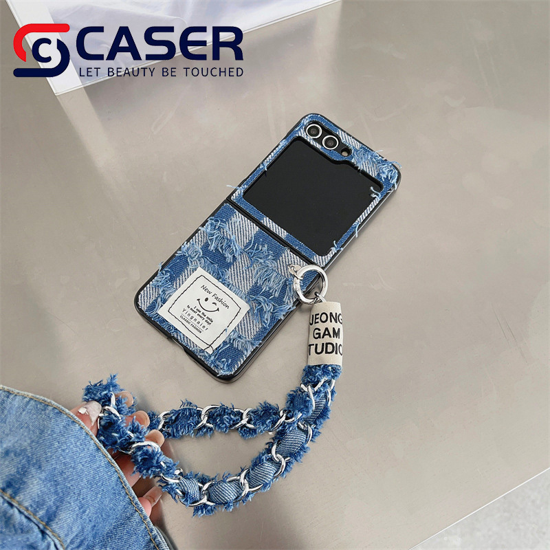 Special Counter Plaid Striped Denim Tassel Mobile Phone Case Good Label Chain Bracelet Cellphone Case For Samsung Zflip 3/4/5