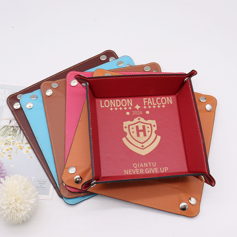 Custom Logo Laser Engraving Pu Storage Foldable Tray Square Dice Tray Coin Leather Tray