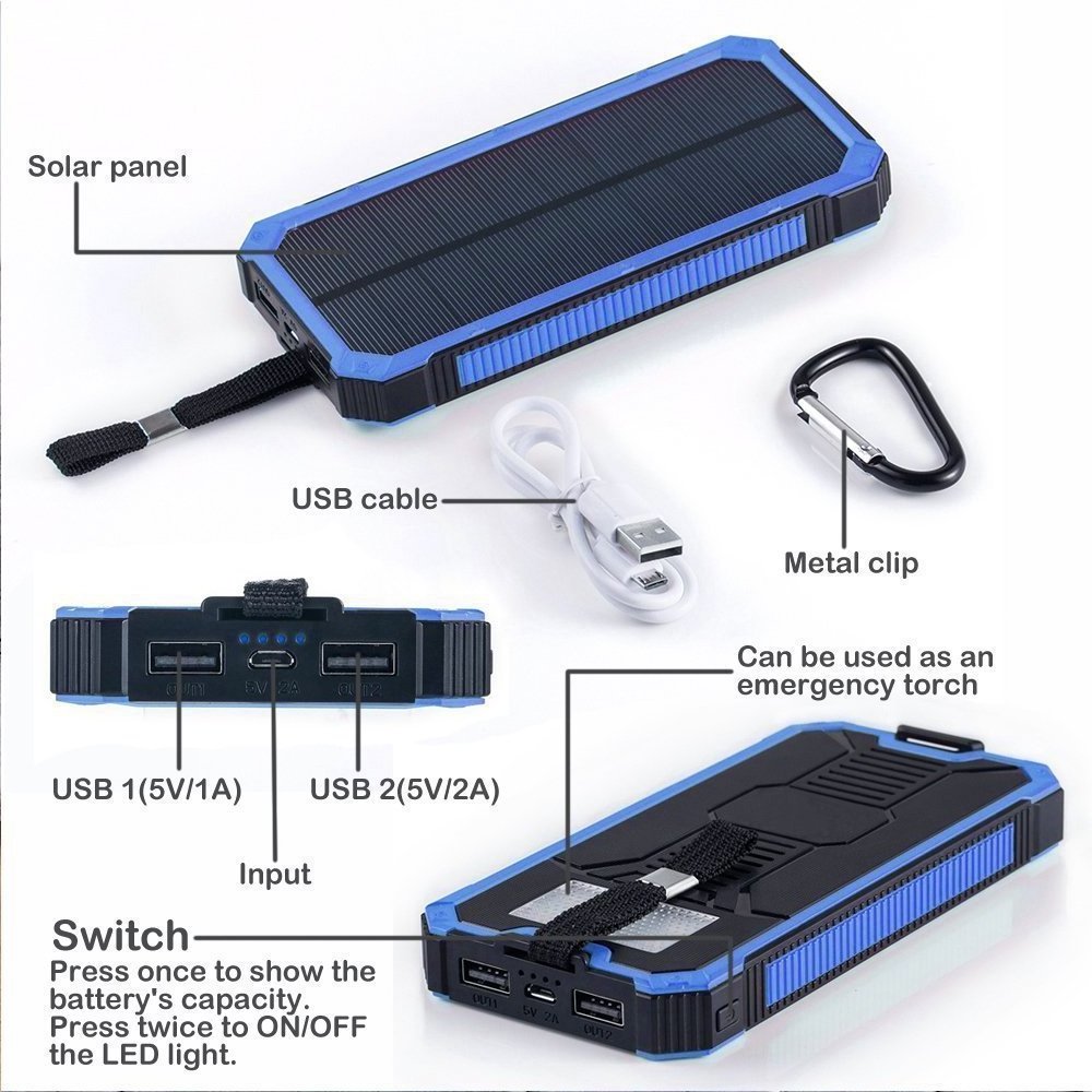 Solar Power Bank, Solar Charger 10000mAh Solar Panel Charging with Compass Dual Flashlight