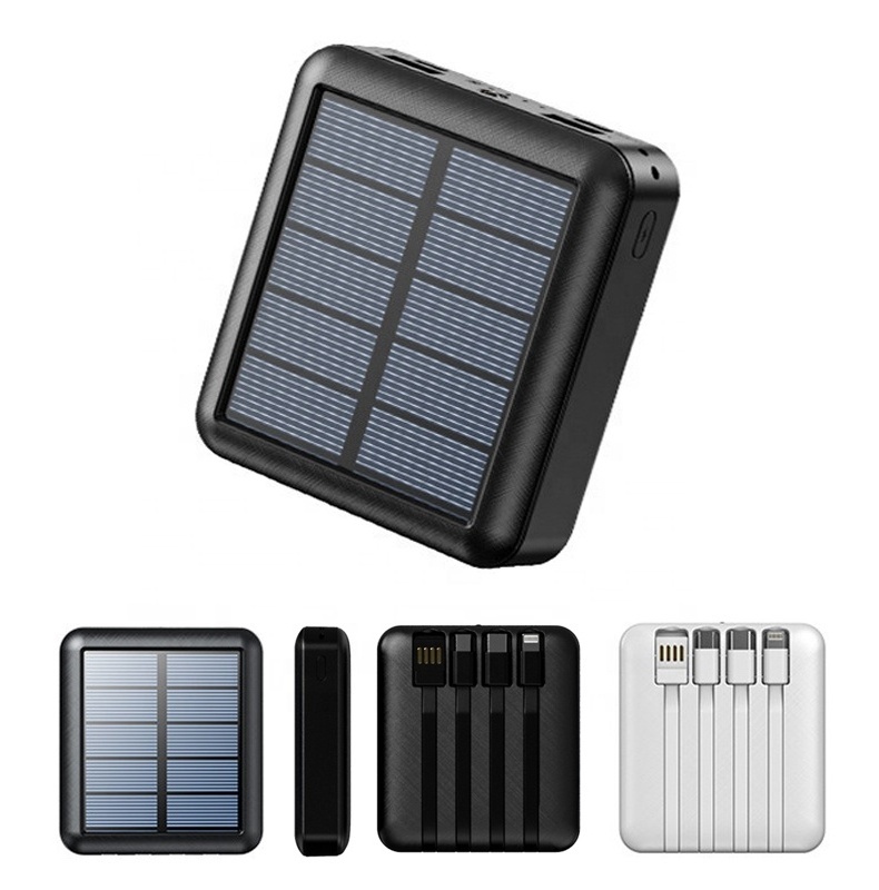 Small Size Portable 10000mAh solar panel charger with four cables build-in solar Power Bank for mobile phone