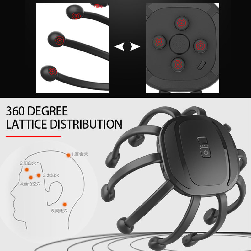 Automatic 10 Heads Finger Rechargeable Smart Vibration Spider Head Massage Tool Vibrating Octopus Electric Scalp Head Massager