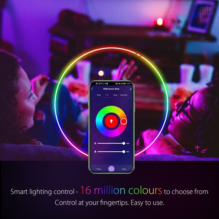 Multiple Full Colors Changing A19 9W 800 Lumens WiFi With Music Sync Time Schedules LED Smart Light Bulbs for Home