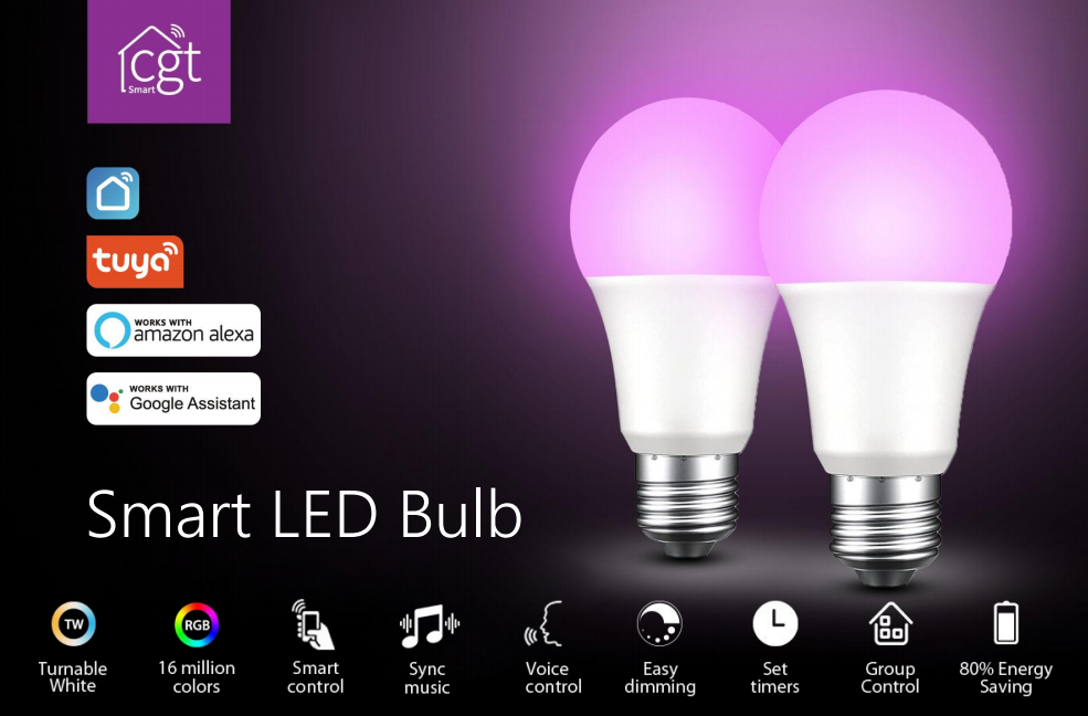 Factory Price Multi-color E26 E27 A19 A21 RGBCW Dimmable TUYA Smart Life Control LED Bulb