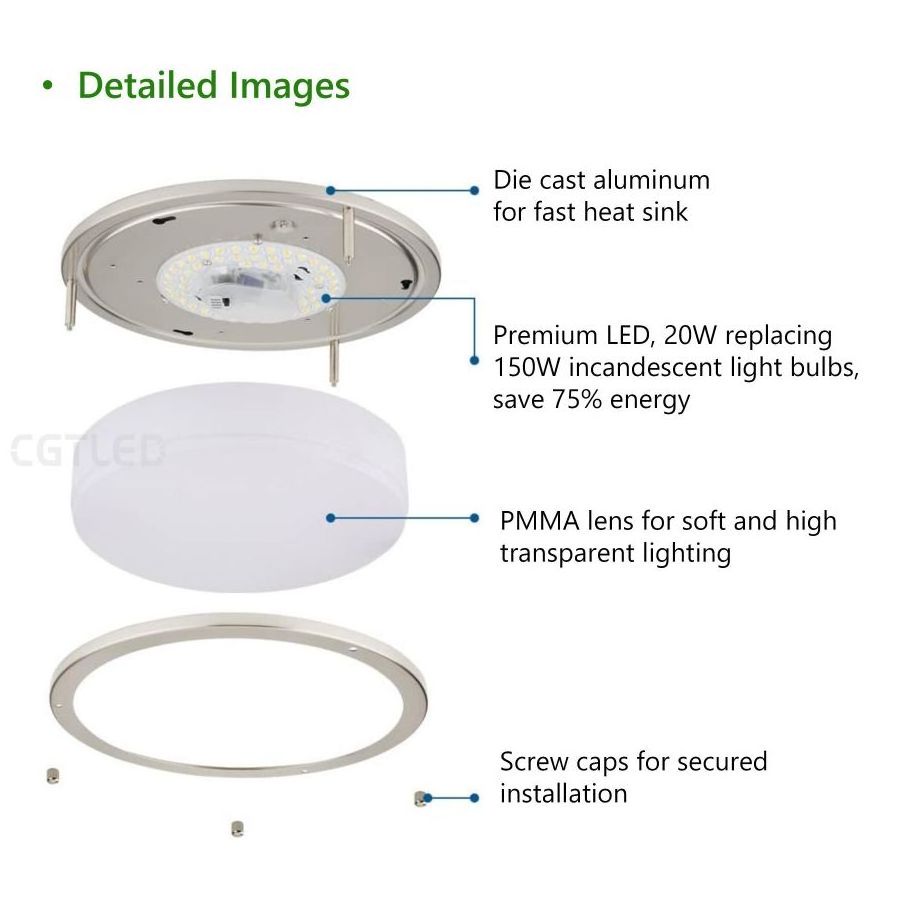 Premium Quality Easy Install Round Flush Mount Brushed Nickel Color 3000K 4000K 5000K CCT Selectable Ceiling Light