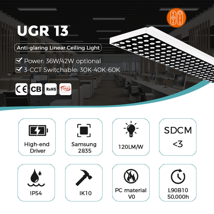 High-end UGR13 CCT Selectable Flicker Free  Shop Light Firxture 36W 42W LED Linear Ceiling Light