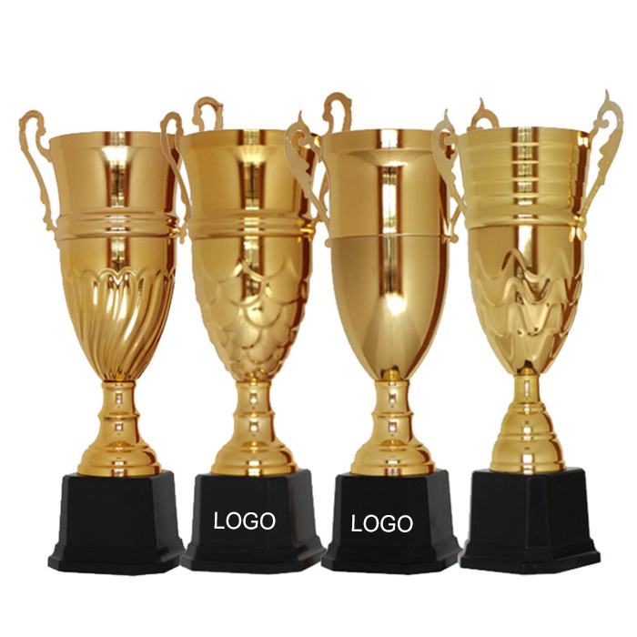 Custom Logo Large Gold Award Competitions Metal Trophy Cups Awards Gold Sport Ornament Plaque and Gold Wood Resin Metal Trophies