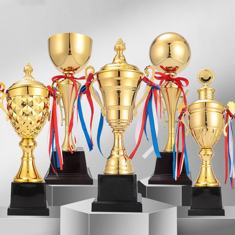 Custom Logo Large Gold Award Competitions Metal Trophy Cups Awards Gold Sport Ornament Plaque and Gold Wood Resin Metal Trophies