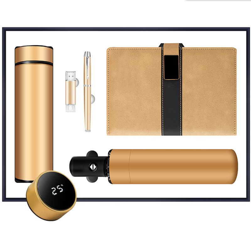 Notebook gift pack with umbrella pen temperature display vacuum flask usb flash drive speaker power bank vip gift set high-end