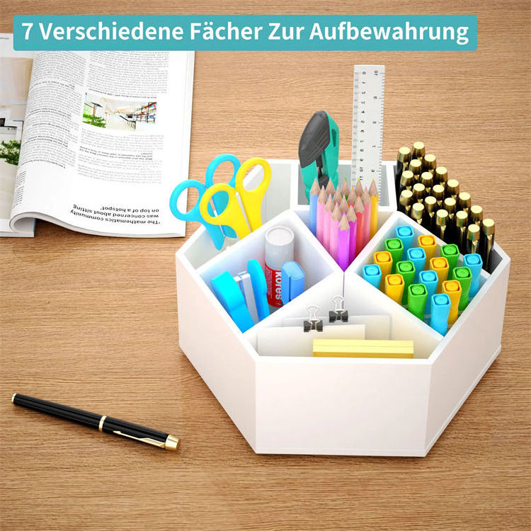 Factory Custom Office Desk Organizer 7 Compartment 360 Degree Acrylic Hexagonal Pen Cup Rotating Acrylic Pencil Holder