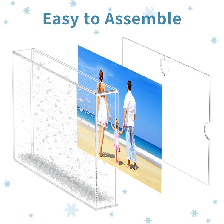 OEM Custom 4*6 Water Picture Frame Rectangle Photo Snow Globe Liquid  Floating Sparkle Glitter Picture Frame