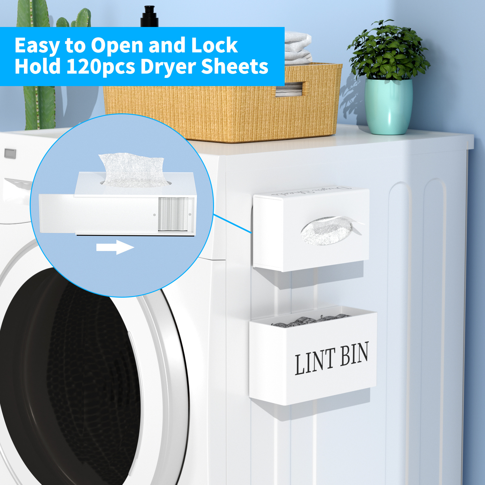 Acrylic Magnetic Lint Bin for Laundry Room Wall Mounted Dryer Sheet Holder Dispenser with Lid