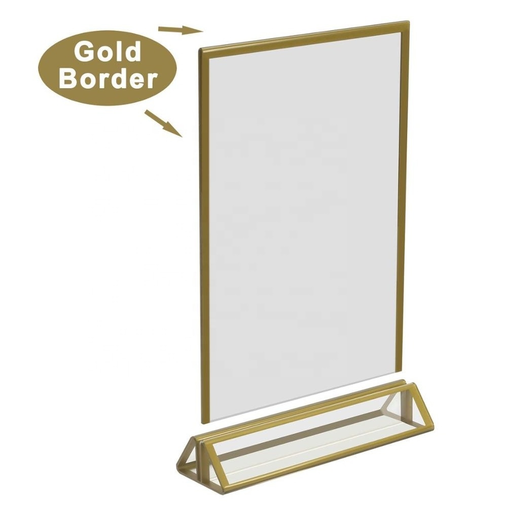 Acrylic Double Sided Frames Display Holder with Vertical Stand and 3mm Gold Border for Wedding Menu Holders