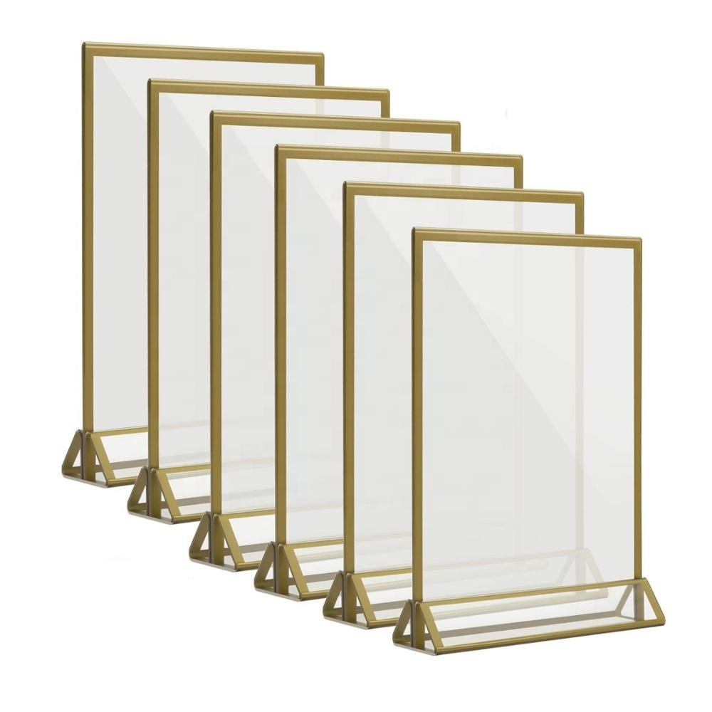 Acrylic Double Sided Frames Display Holder with Vertical Stand and 3mm Gold Border for Wedding Menu Holders