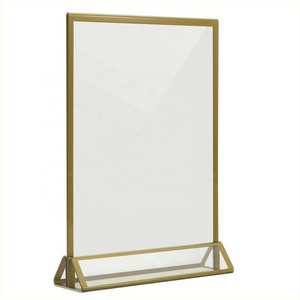 Acrylic Double Sided Frames Display Holder with Vertical Stand and 3mm Gold Border for Wedding Menu Holders