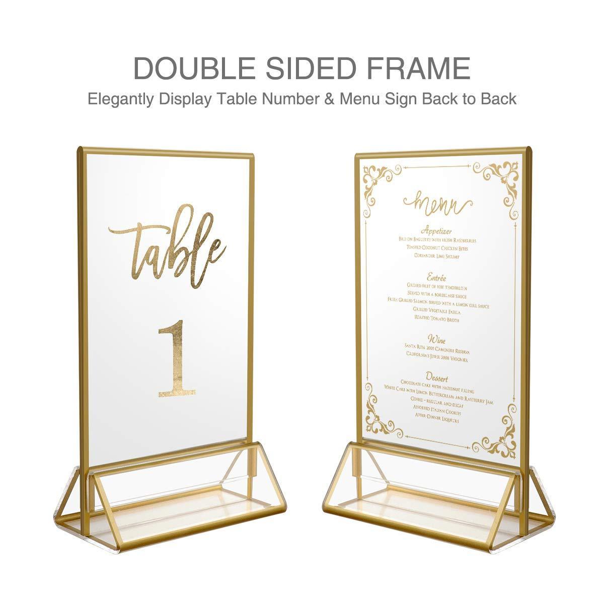 Acrylic Double Sided Frames Display Holder with Vertical Stand and 3mm Gold Border for Wedding Menu Holders