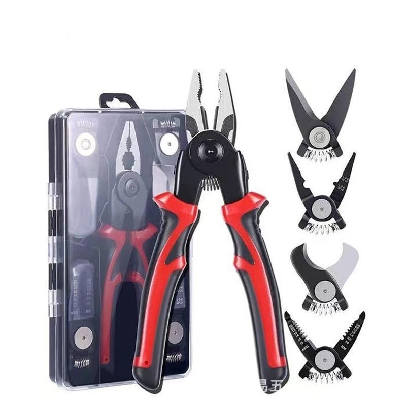 Multi-Function 5 in1 Hardware Tools Interchangeable Head Pliers Set Wire Stripper Crimping Plier Cable Shear Scissor Wire Cutter