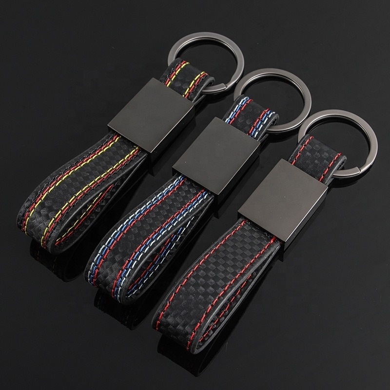 Promotional Gift Custom Embossed Logo Laser Engraving Car Keychain Keyring Carbon Fiber Leather Keychain Metal Leather Keychain