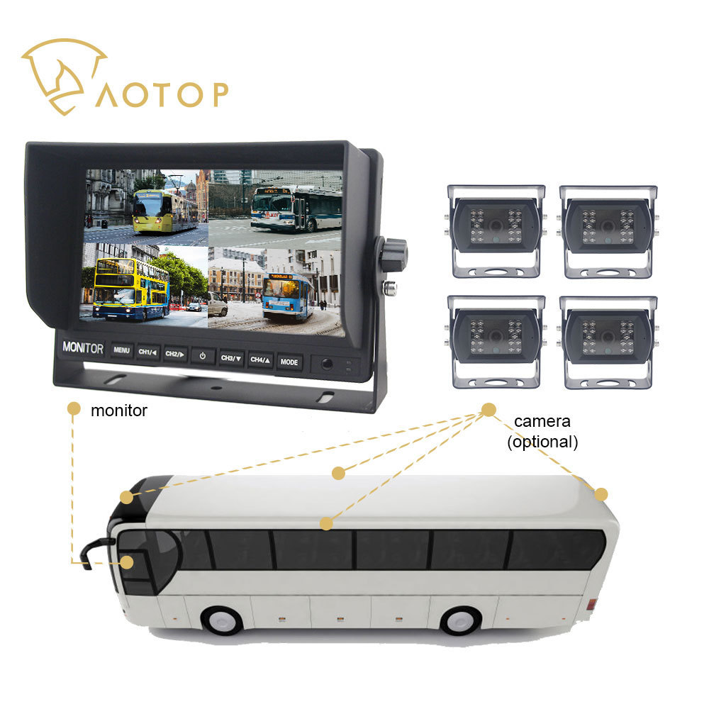 Bus HD Reverse Blind Area Monitor 7Inch AHD Quad View Display 4 Ways Car Camera Bus Truck All Round Blind Spot Safety Monitoring