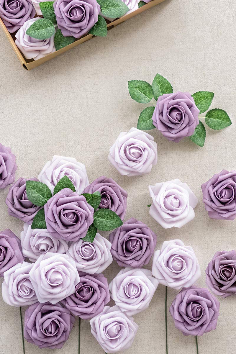 25PCS flowers Combo Violet Purple artificial Roses with Stem DIY Wedding Decor Centerpieces Arrangements Bouquets