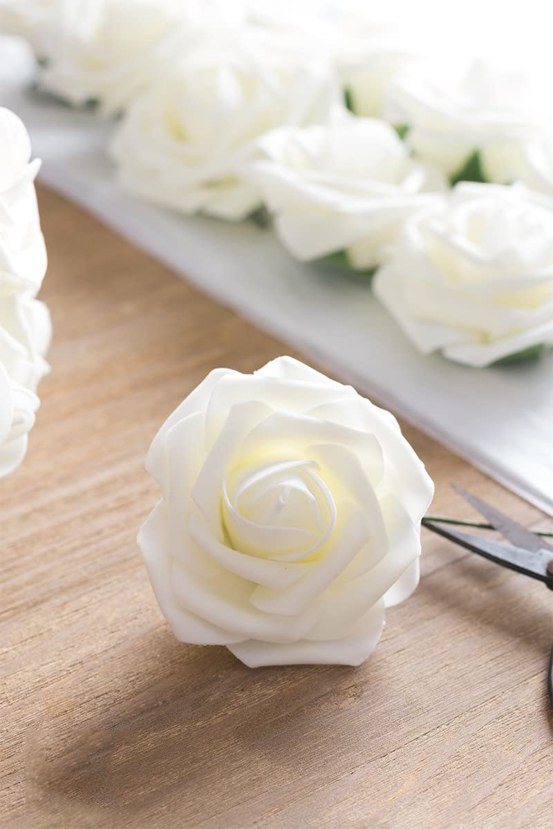 Artificial Rose Flowers Combo 25PCS Foam white Roses w/Stem for DIY Wedding Bouquets Centerpieces Party Home Decorations