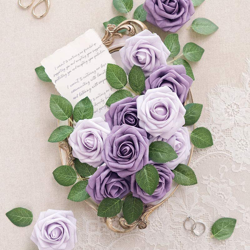 25PCS flowers Combo Violet Purple artificial Roses with Stem DIY Wedding Decor Centerpieces Arrangements Bouquets