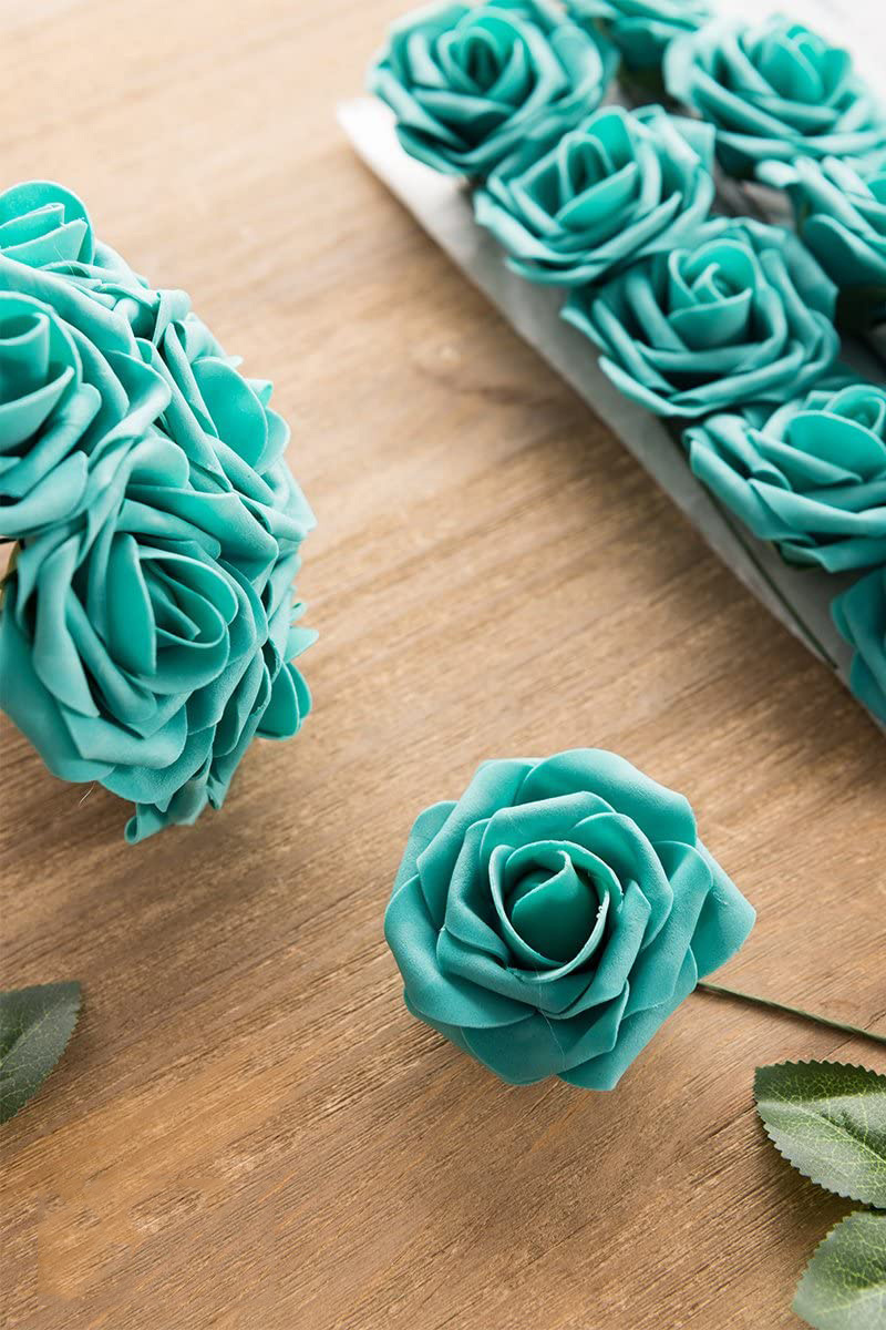 Artificial Flowers Combo 25PCS Real Looking Teal Green Roses w/Stem for DIY Wedding Bouquets Centerpieces Party Home Decorations