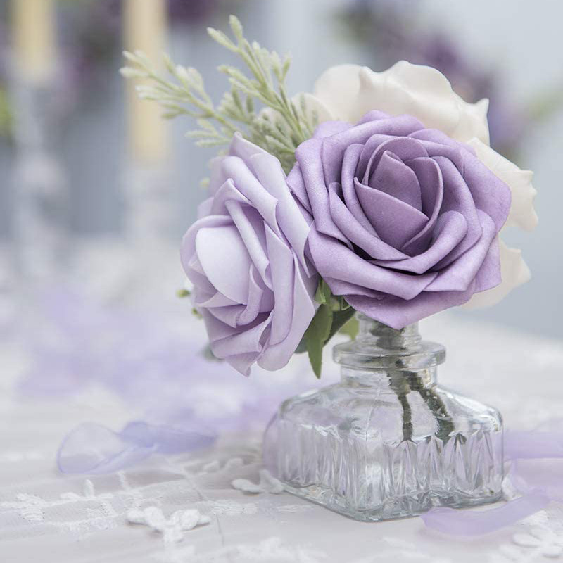 25PCS flowers Combo Violet Purple artificial Roses with Stem DIY Wedding Decor Centerpieces Arrangements Bouquets