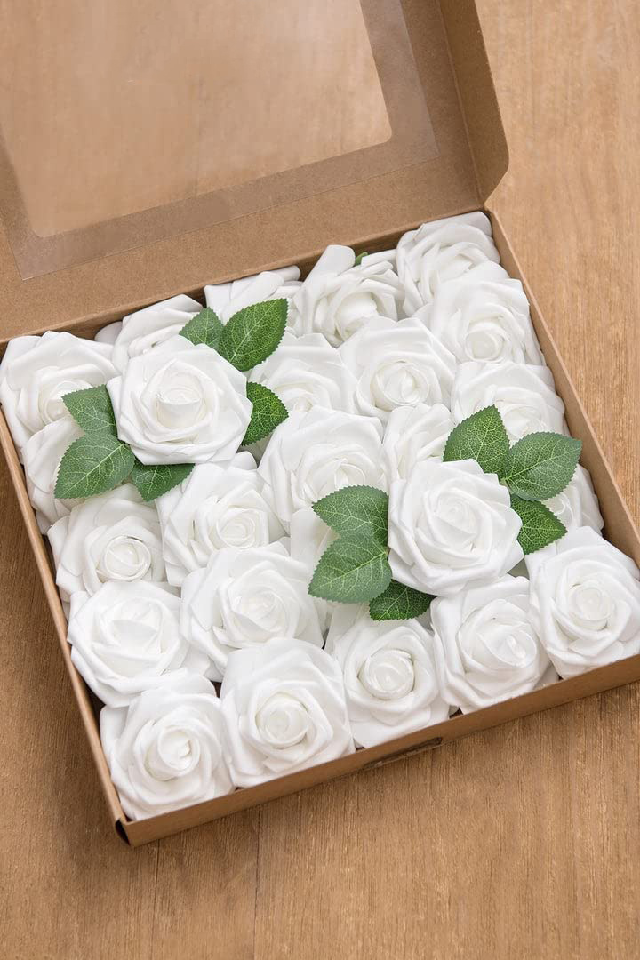 Artificial Rose Flowers Combo 25PCS Foam white Roses w/Stem for DIY Wedding Bouquets Centerpieces Party Home Decorations