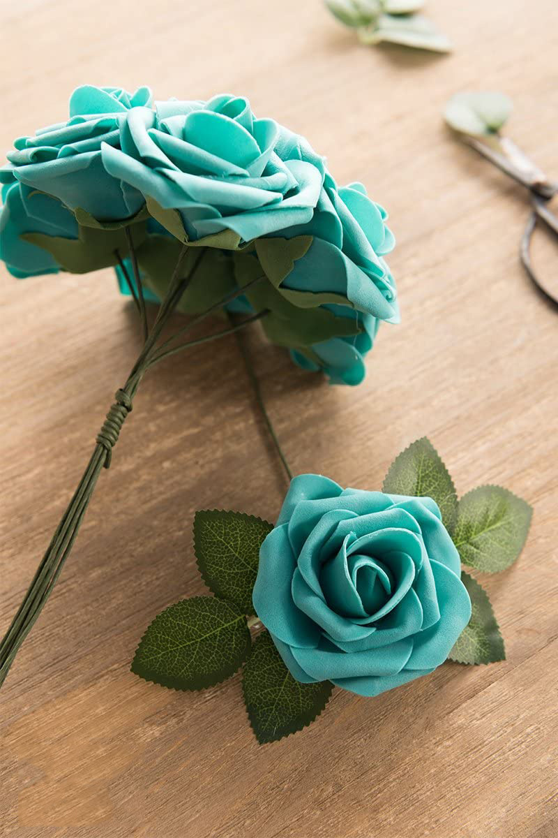 Artificial Flowers Combo 25PCS Real Looking Teal Green Roses w/Stem for DIY Wedding Bouquets Centerpieces Party Home Decorations