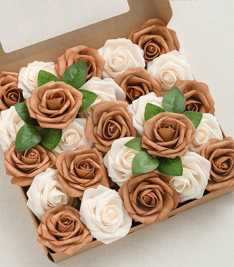 Artificial Flowers Roses Golden & Cream 25PCS Real Looking Flower Box Set with Stem Wedding Bouquets Party Decorations