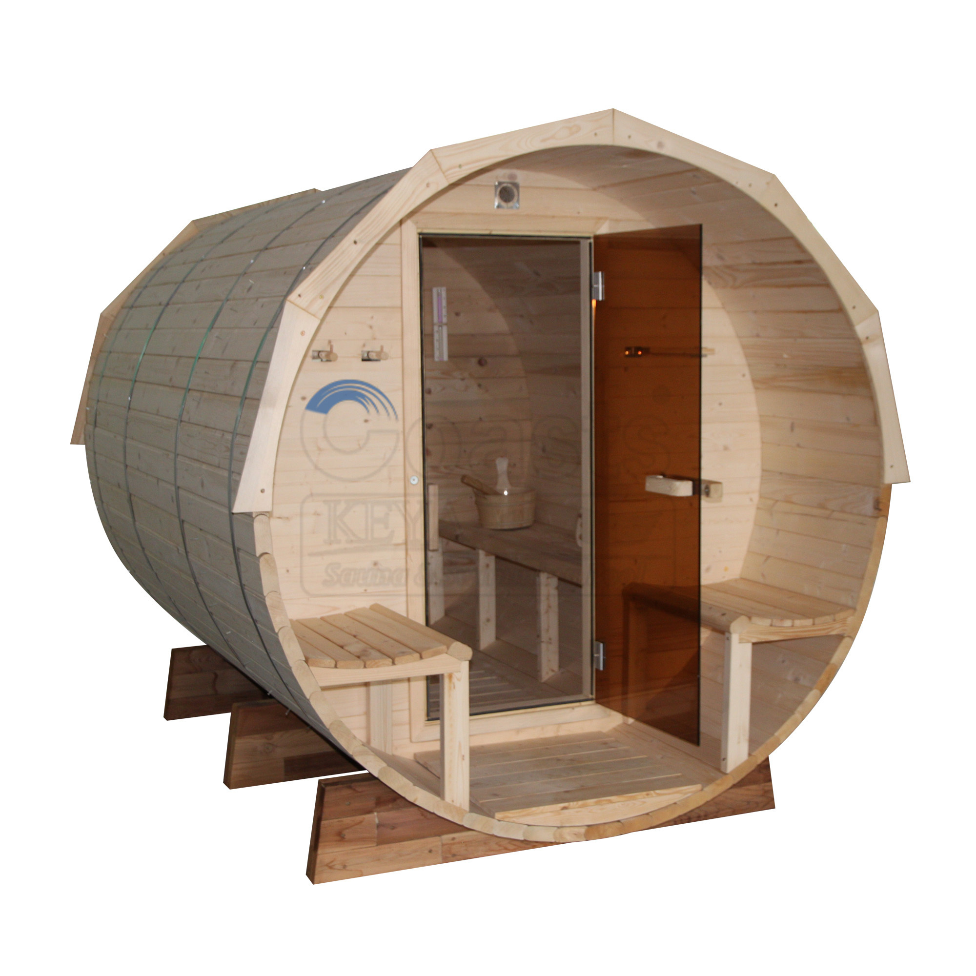 OEM/ODM Finland White Pine Wood Sauna Barrel Outdoor Wooden Spa Tubs Sauna Rooms With Porch