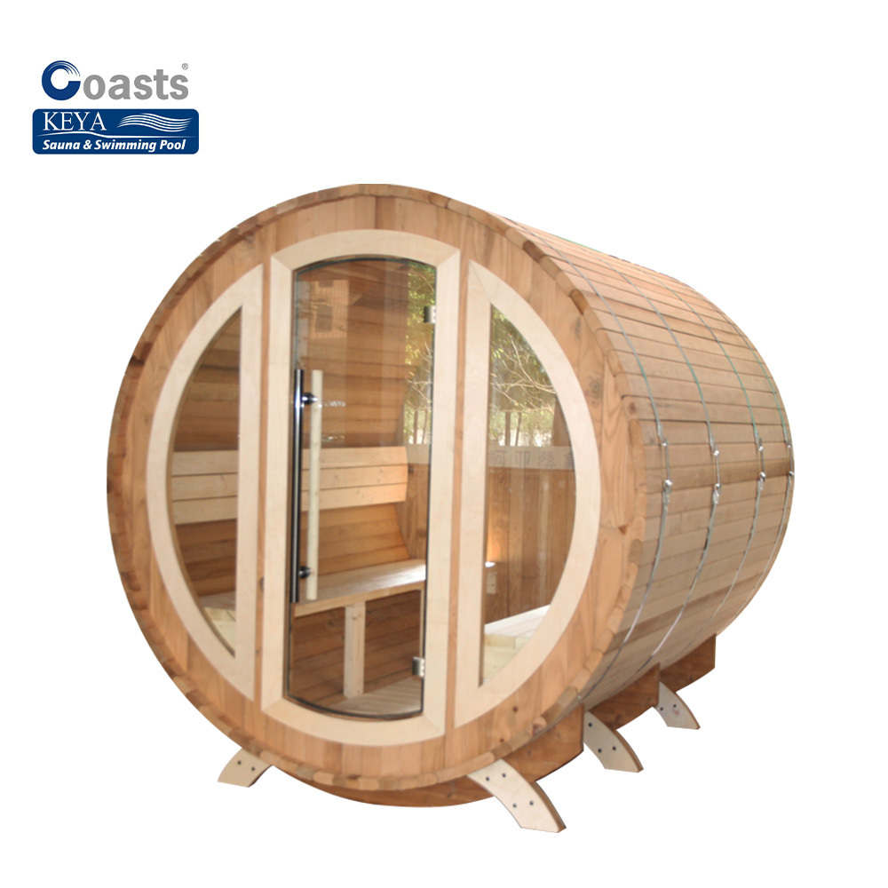 Wholesale 2-8 Person Outdoor Sauna Barrel Wood Burning New Zealand White Pine Wooden Sauna Room With Front Porch