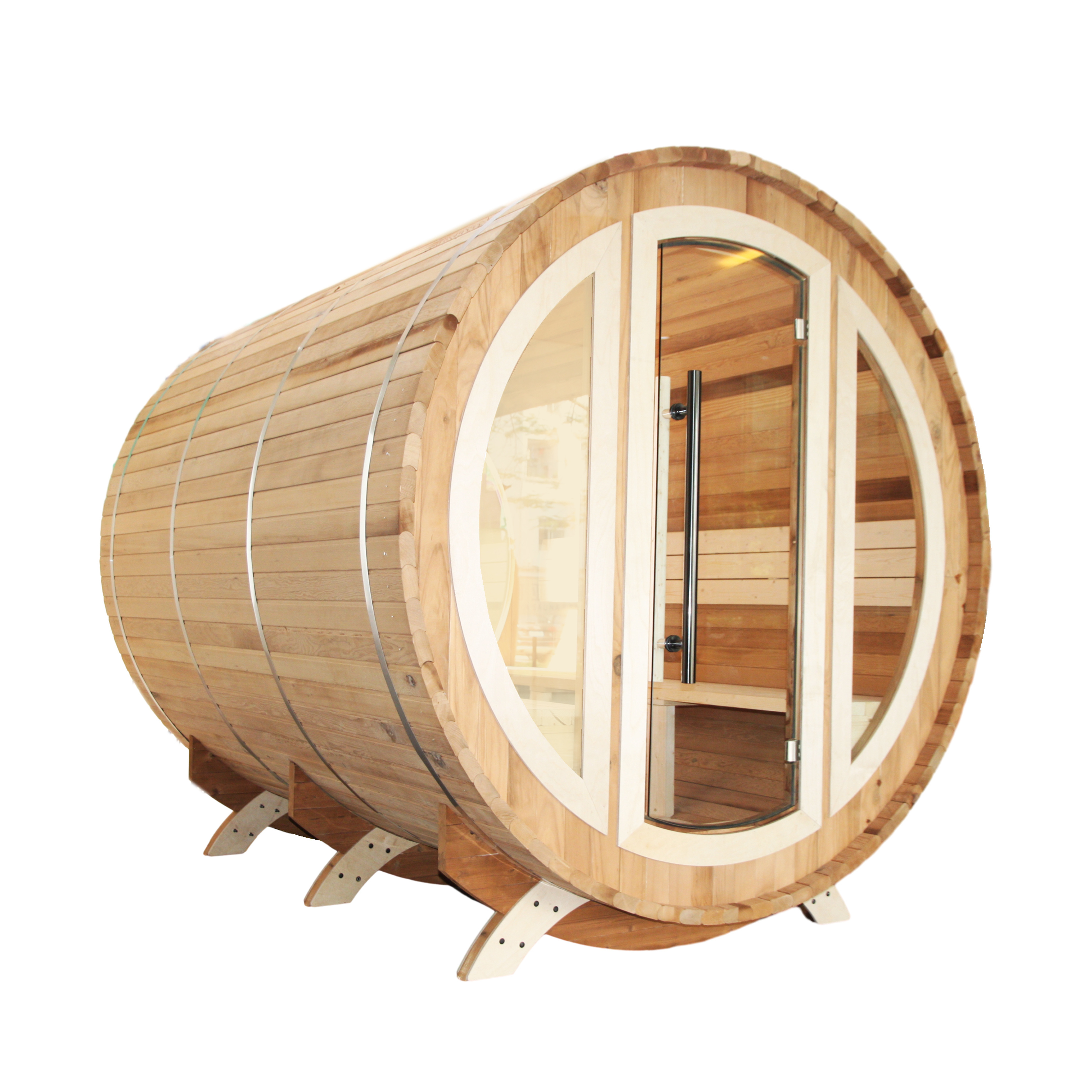 Wholesale 2-8 Person Outdoor Sauna Barrel Wood Burning New Zealand White Pine Wooden Sauna Room With Front Porch