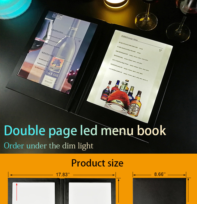 High quality food truck restaurant party bar pu leather custom acrylic book cover folder led menu stand