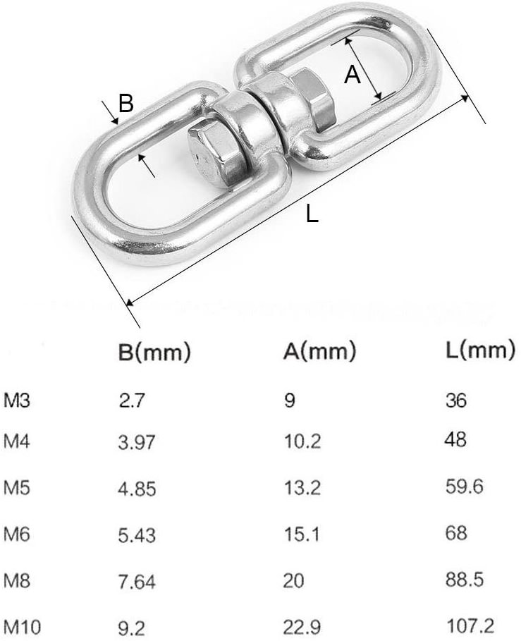 M4 Double Ended Swivel Eye Hook 304 Stainless Steel Eye to Eye Swivel Shackle Ring Connector