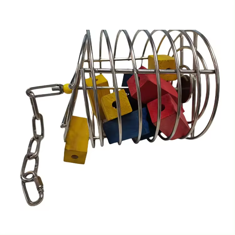 Customizable Stainless Steel Foraging Toy Cage with Colored Wooden Chew Blocks for Parrots Direct Factory Fabrication Services