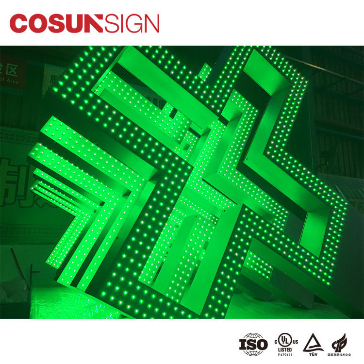 green color led pharmacy cross used sign