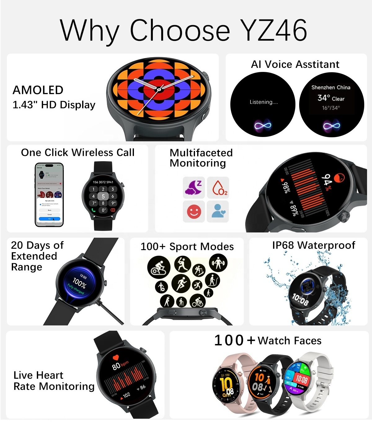 1 Sample OK YZ46 100+Multiple Sports Modes Free Shipping Smart Watch Encode Key Breathing Training Smart Watch Ip69