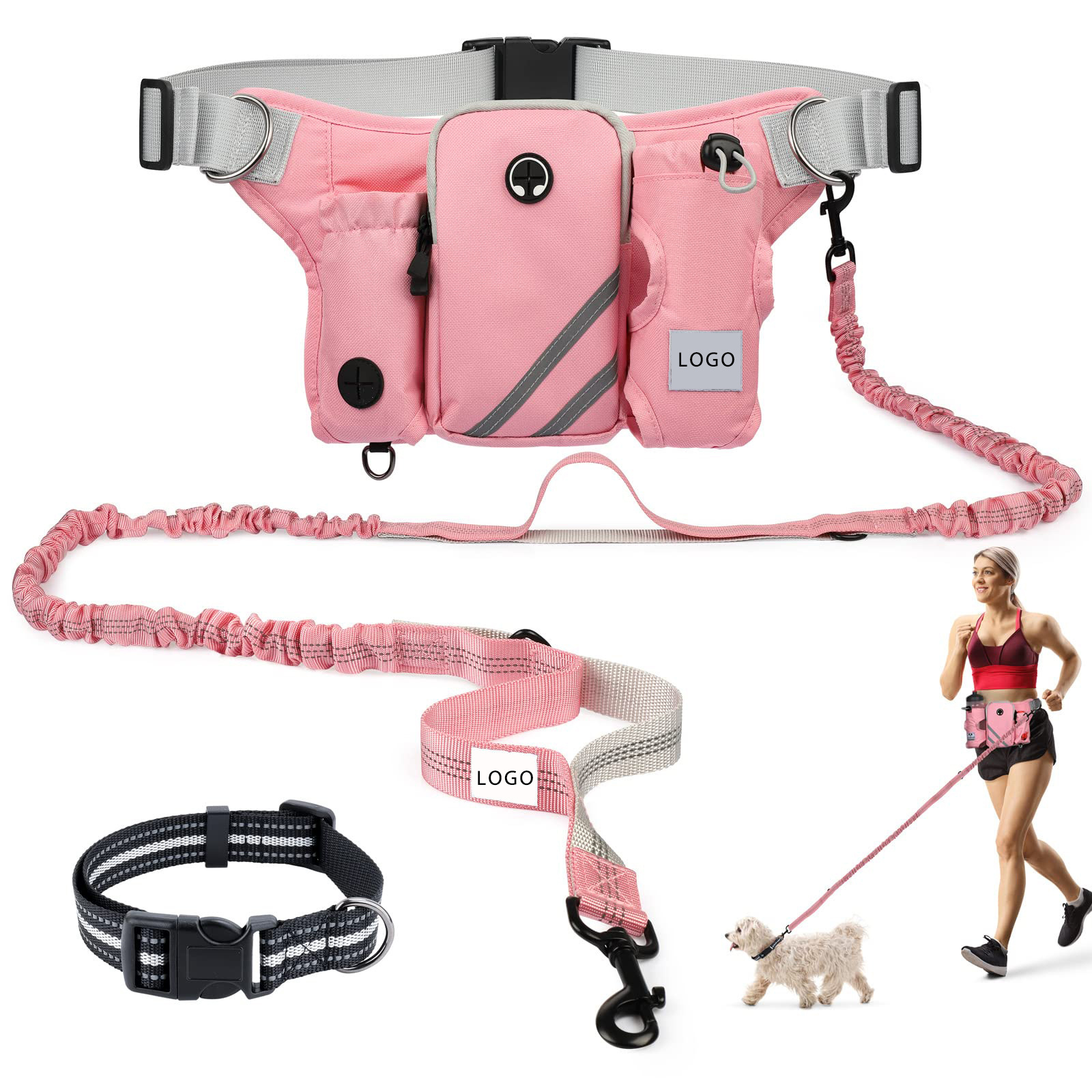 Reflective Stitching Leash Adjustable Retractable Hands-Free Dog Leash with Zipper Pouch Waist Belt Bag