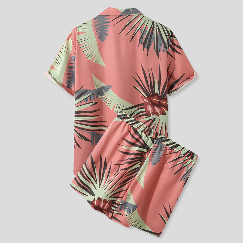 Custom Summer Men Hawaiian Style Printing Short Sleeve Nylon Button Shirt and Beach Shorts Set For Men