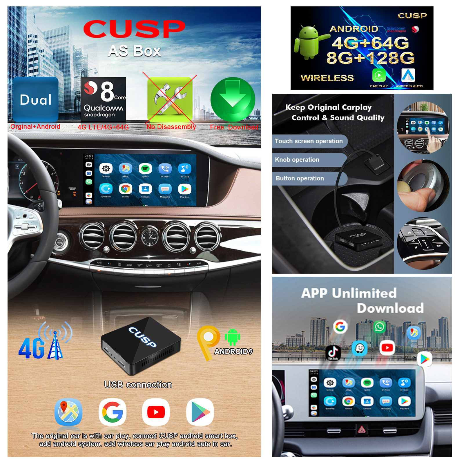 Top Sales Qualcomm 8 Core USB Dongle Box Per Android Auto Car Radio GPS Stereo WIFI 2+16G / 4+64G/8+128G CarPlay AS AI Box