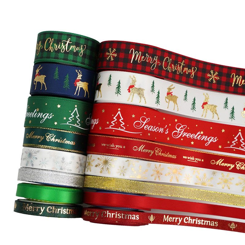 Custom logo printed wired edge velvet christmas tree grosgrain ribbon bows roll for wedding gift decoration