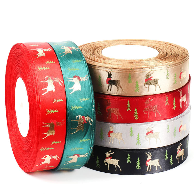 Custom logo printed wired edge velvet christmas tree grosgrain ribbon bows roll for wedding gift decoration