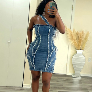 New Solid Color Denim Hollow Sexy Dress Halter Stretch Splicing Denim Dresses For Women